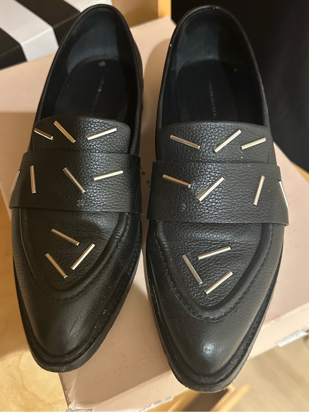 Christopher Kane Women’s Black Leather Slip-On Loafers with Metal Accents